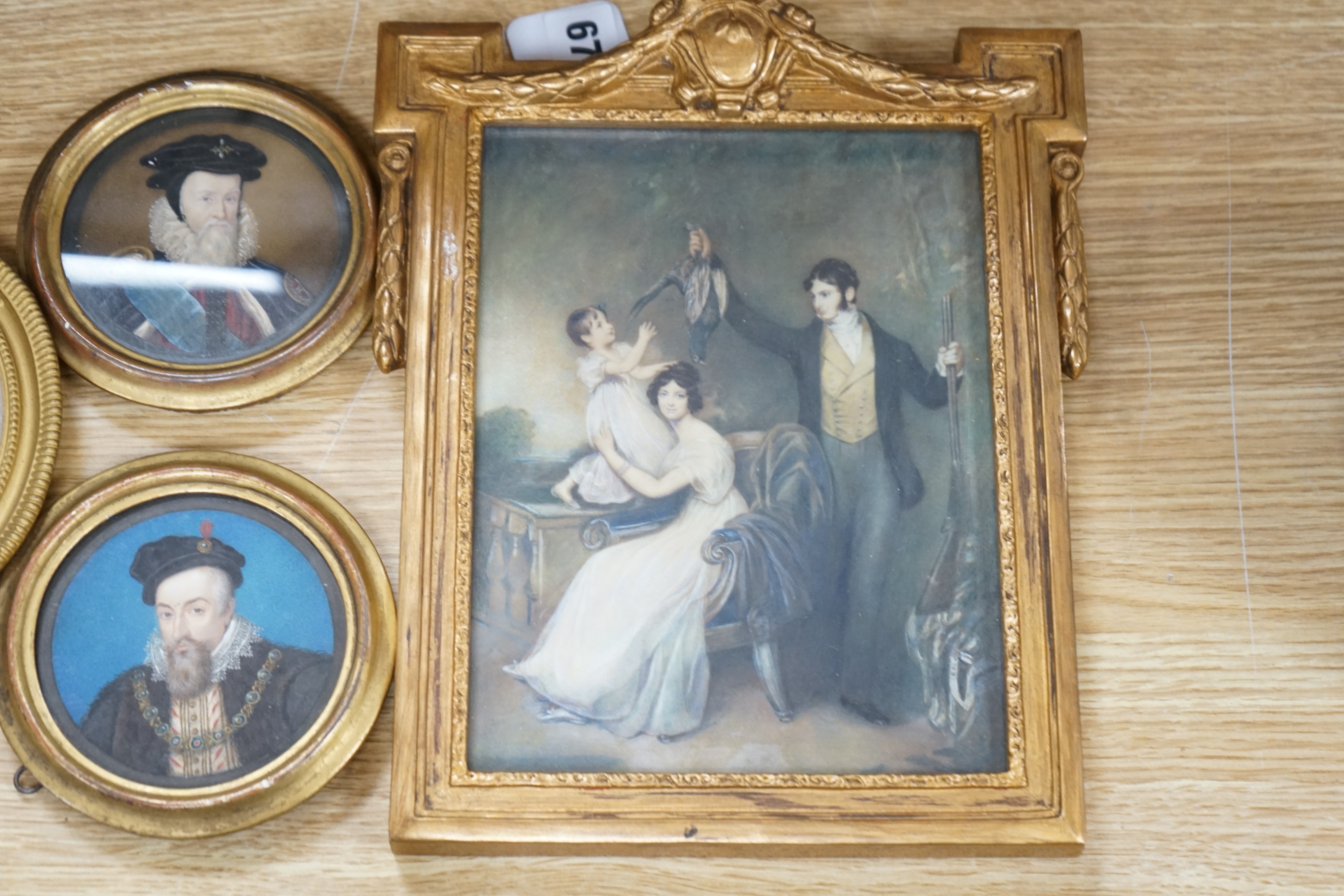 English School c.1900, pair of watercolour on card miniatures, Portraits of Robert Dudley, Earl of Leicester and Lord Burghley, an early 19th century watercolour, miniature of a Georgian gentleman and two gilt framed pri